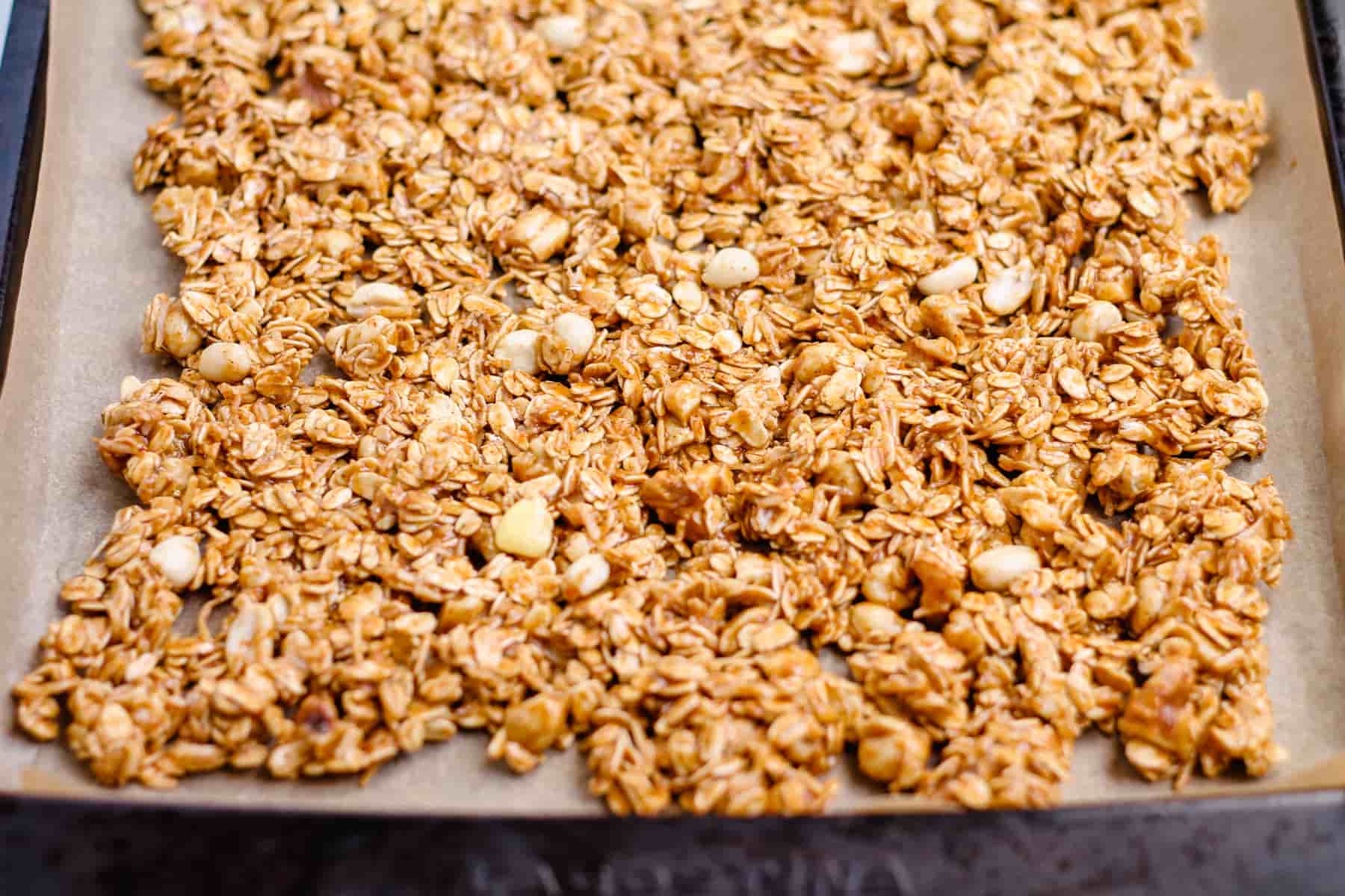a tray of granola ready for the oven.