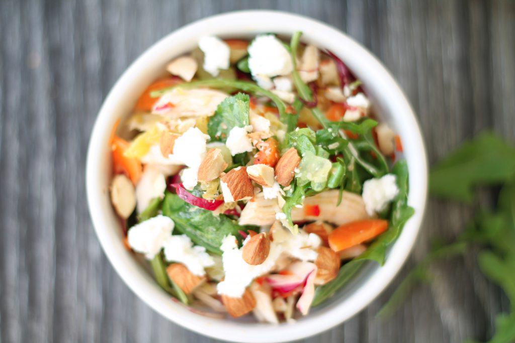 Chicken salad in a white bowl