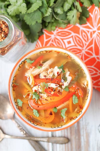 Spicy Chicken Soup with Peppers in a bowl
