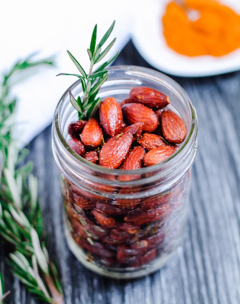 rosemary almonds in a jar.