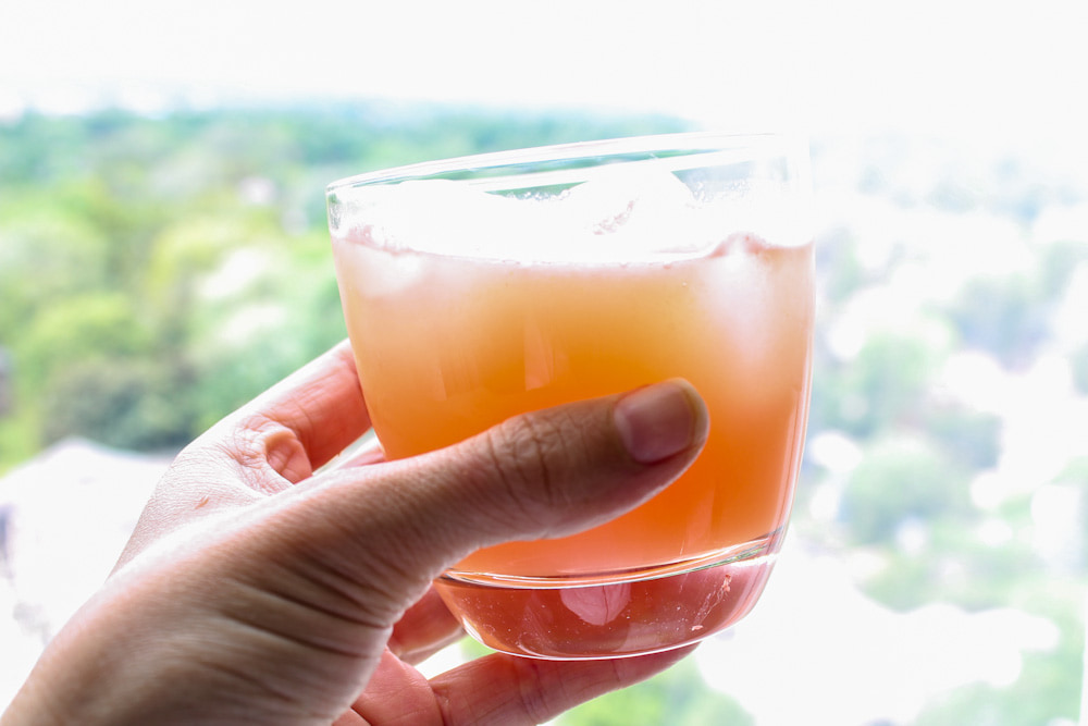 a hand holding a glass of grapefruit juice.