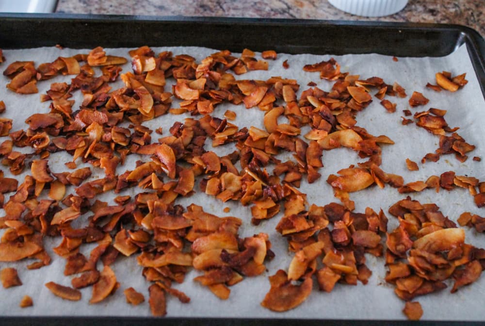 vegan bacon bits on a baking sheet.