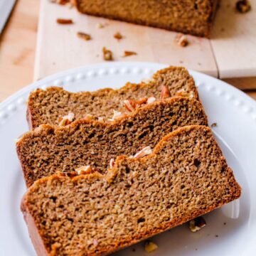 slices of sugar free banana bread on a plate.