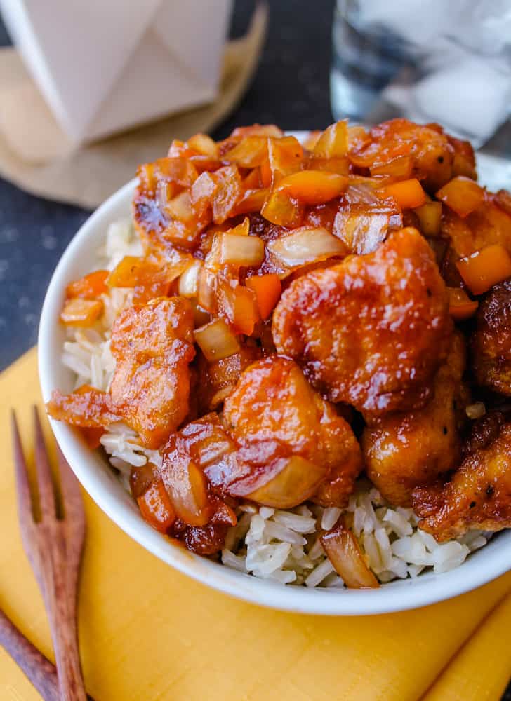 a bowl of homemade sweet and sour chicken.