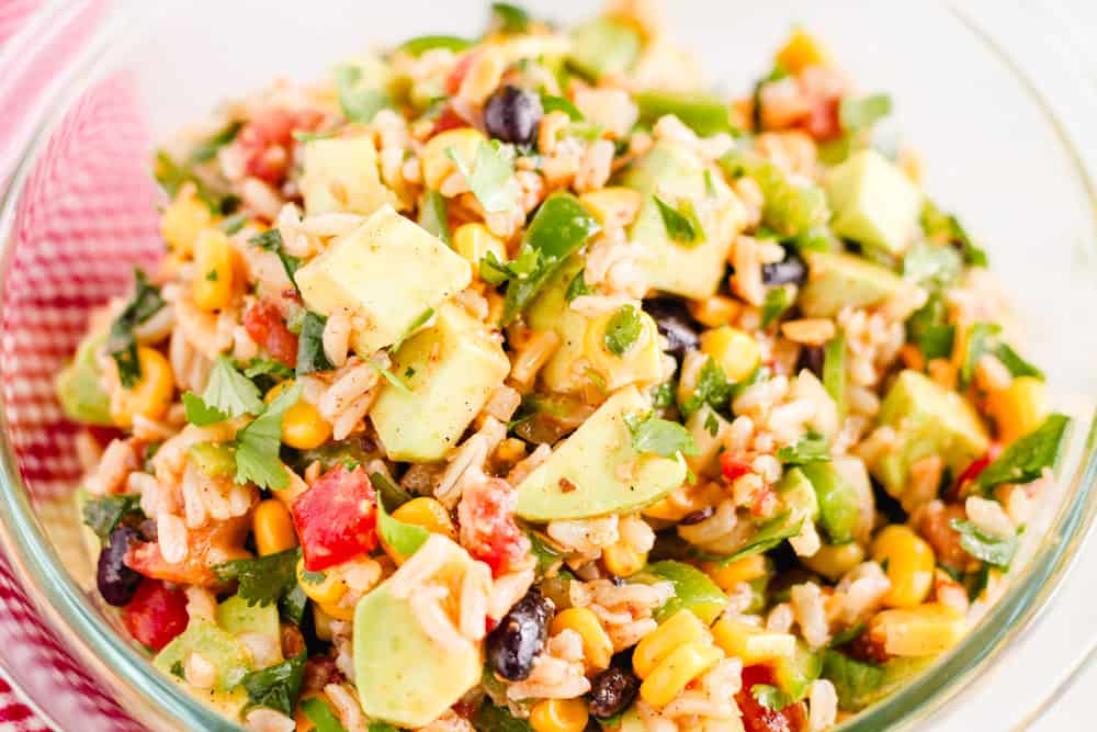 a healthy bean and rice salad in a bowl.