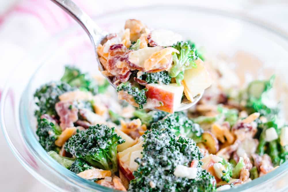 a bowl of creamy broccoli salad.