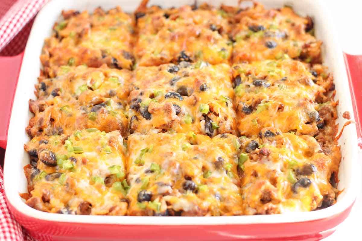 a casserole dish with tex mex beef casserole