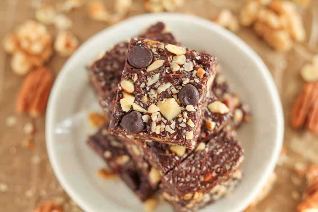 a plate with squares of Mom's Healthy Fudge on it