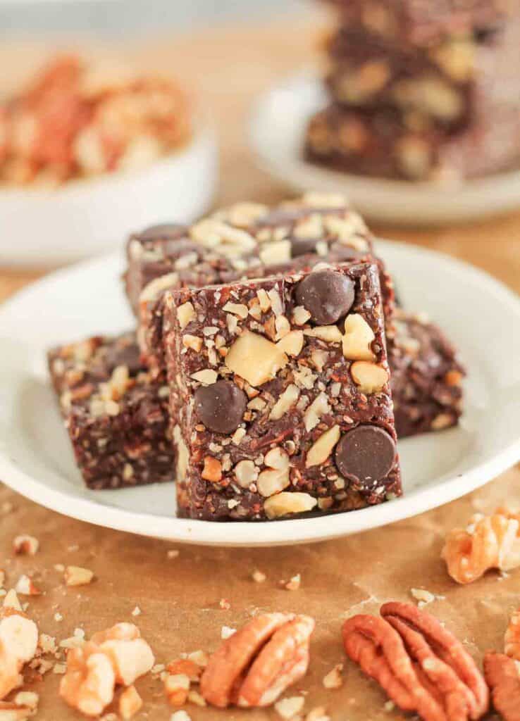 a plate with squares of Mom's Health Fudge on it