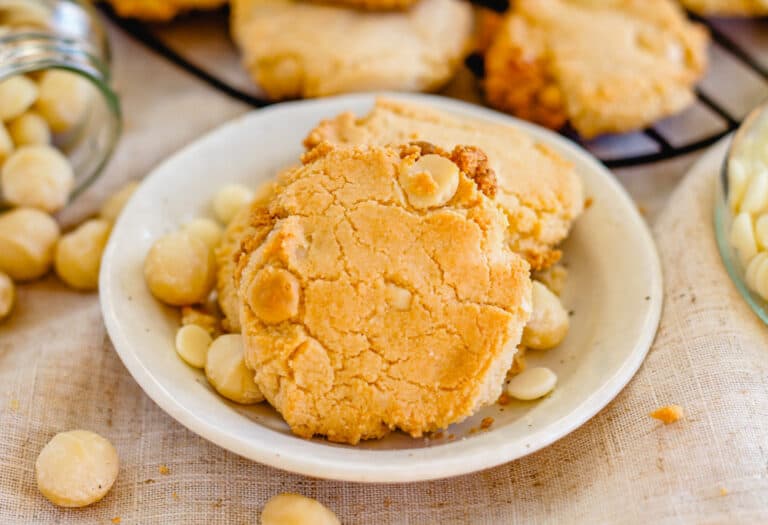 homemade macadamia nut cookie on a plate.