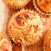 greek yogurt banana muffins on a wooden board