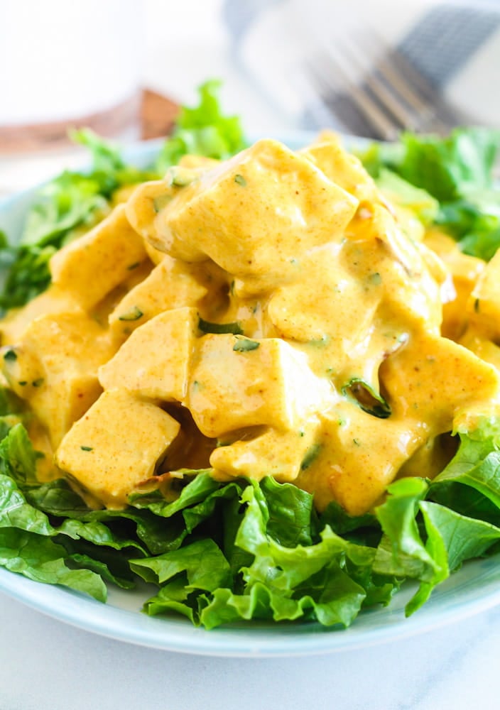 a plate of coronation chicken salad.