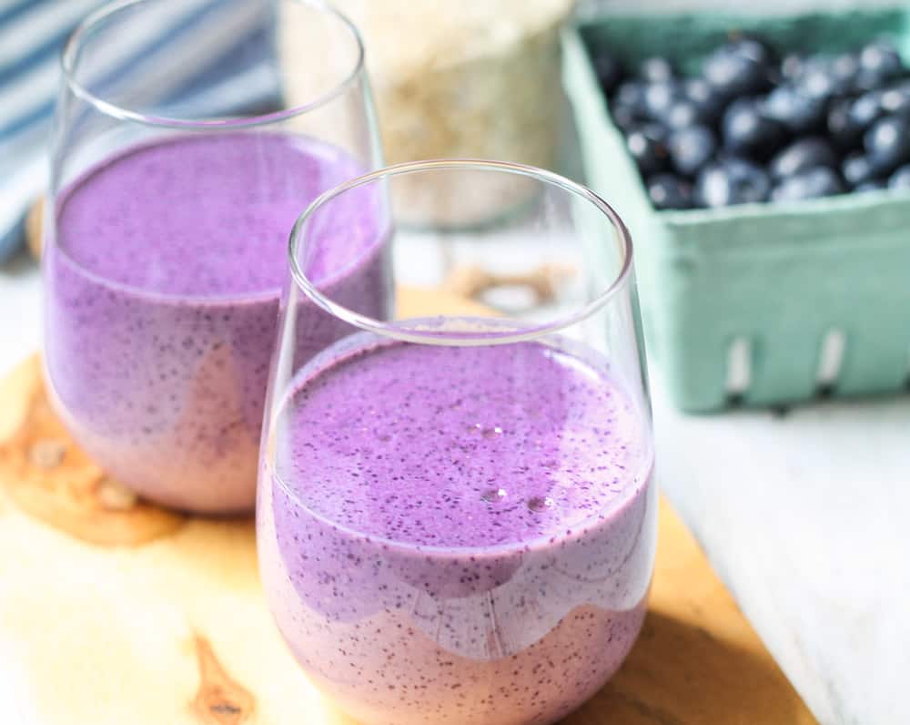 blueberry oatmeal smoothie in a glass.