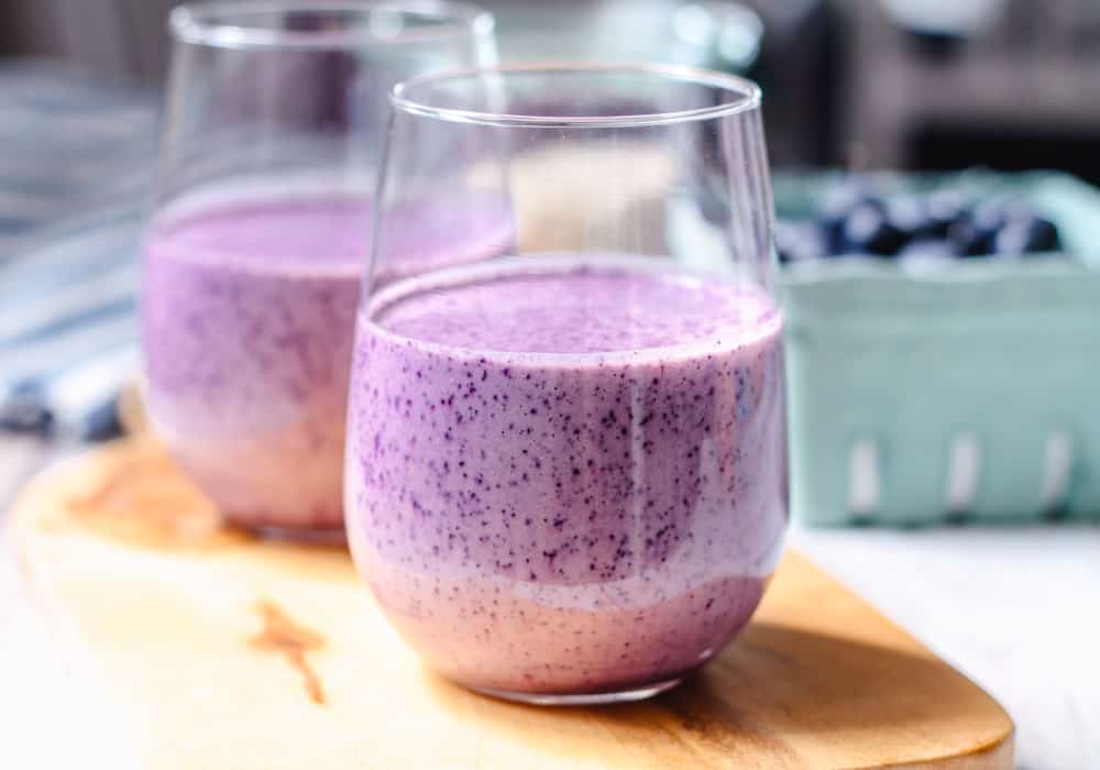 blueberry oatmeal smoothie in a glass.