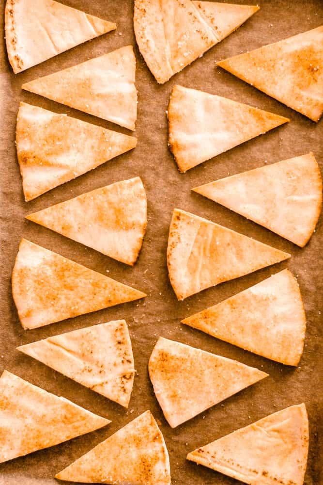 a tray of oven baked pita chips.
