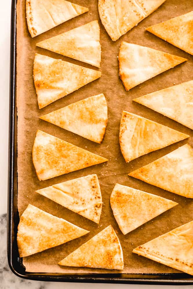 a tray of oven baked pita chips.