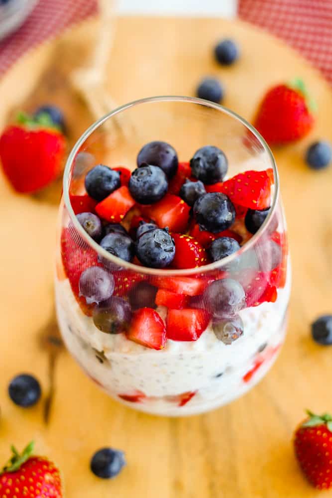 chia overnight oats in a glass.