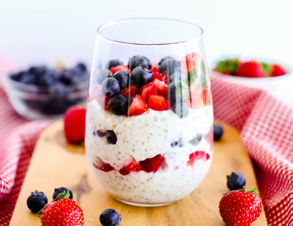 healthy breakfast parfait in a glass.