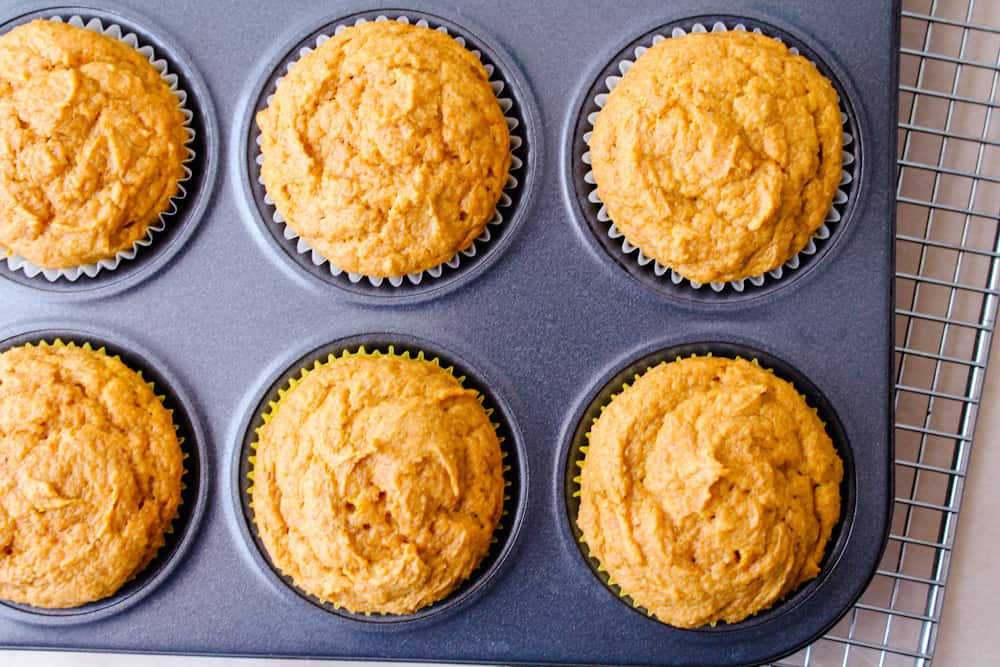 pumpkin muffins in a baking pan.