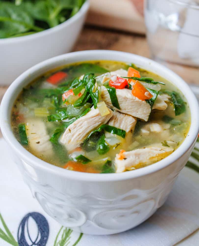 a bowl of chicken veggie soup.