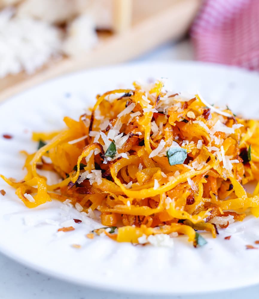 a plate of roasted butternut squash noodles.