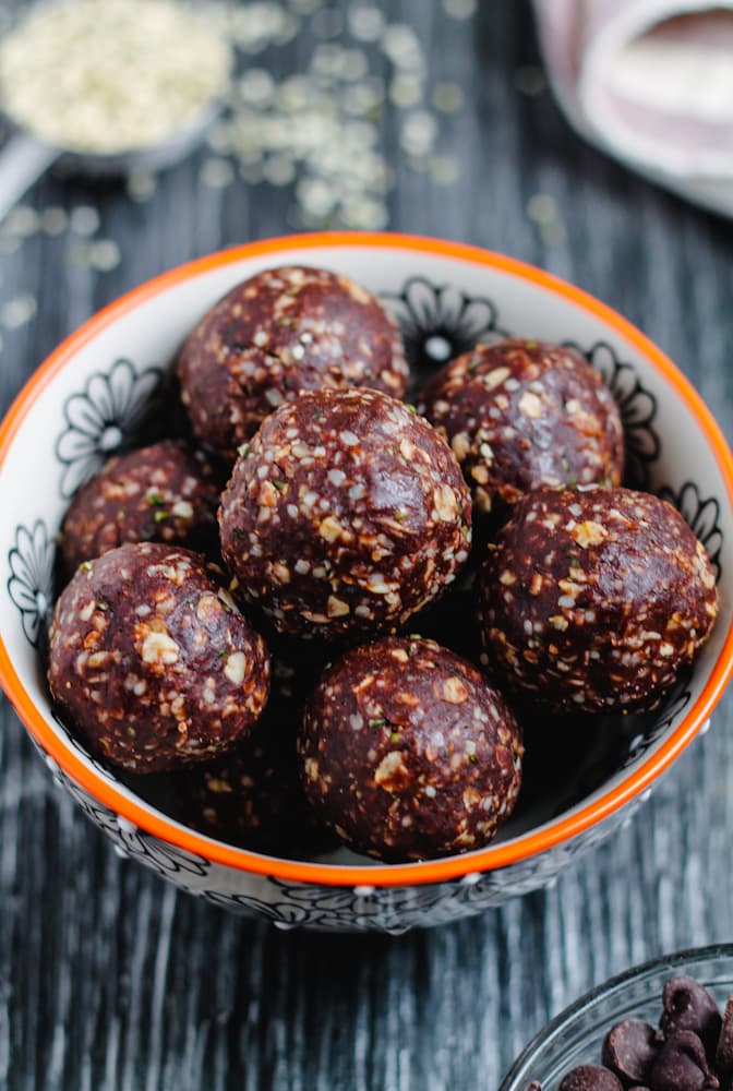 a bowl of chocolate hemp bites.