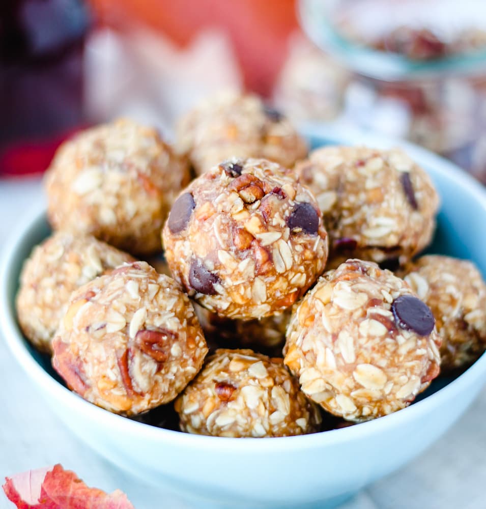 chocolate pecan energy balls in a bowl.