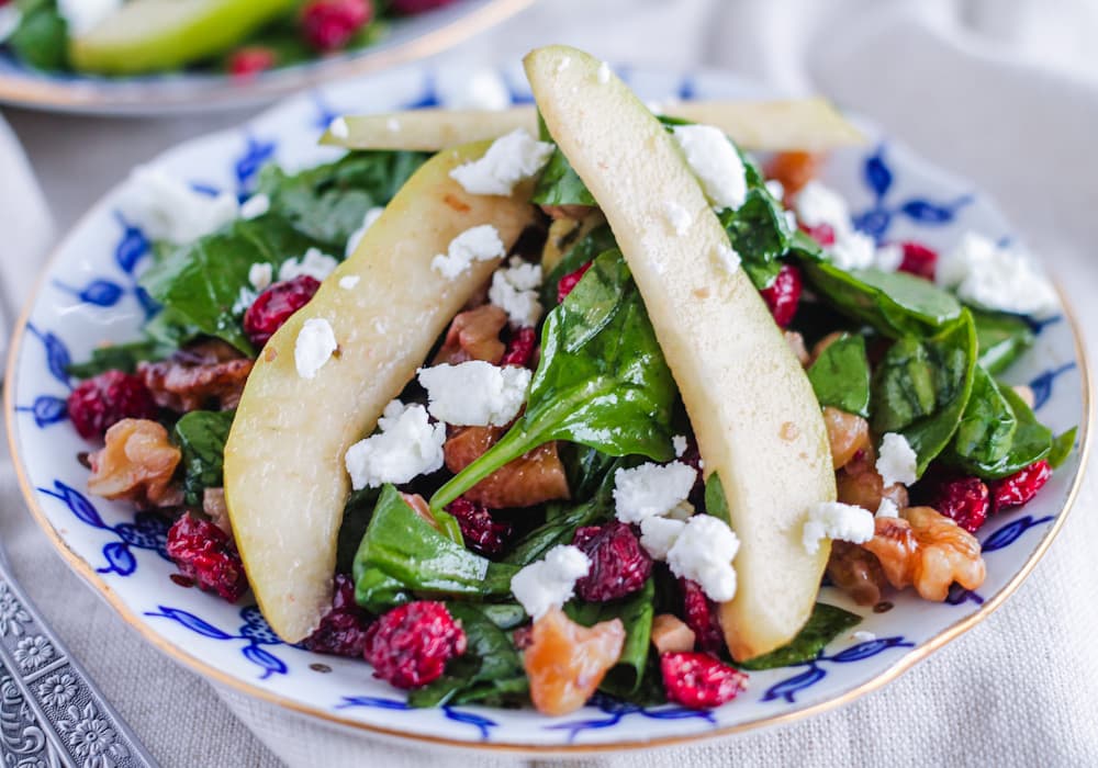 spinach salad with cranberries on a plate.