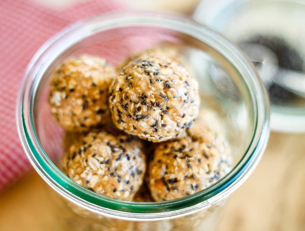 vanilla chia protein balls in a jar.