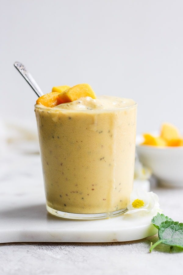 mango smoothie in a glass.