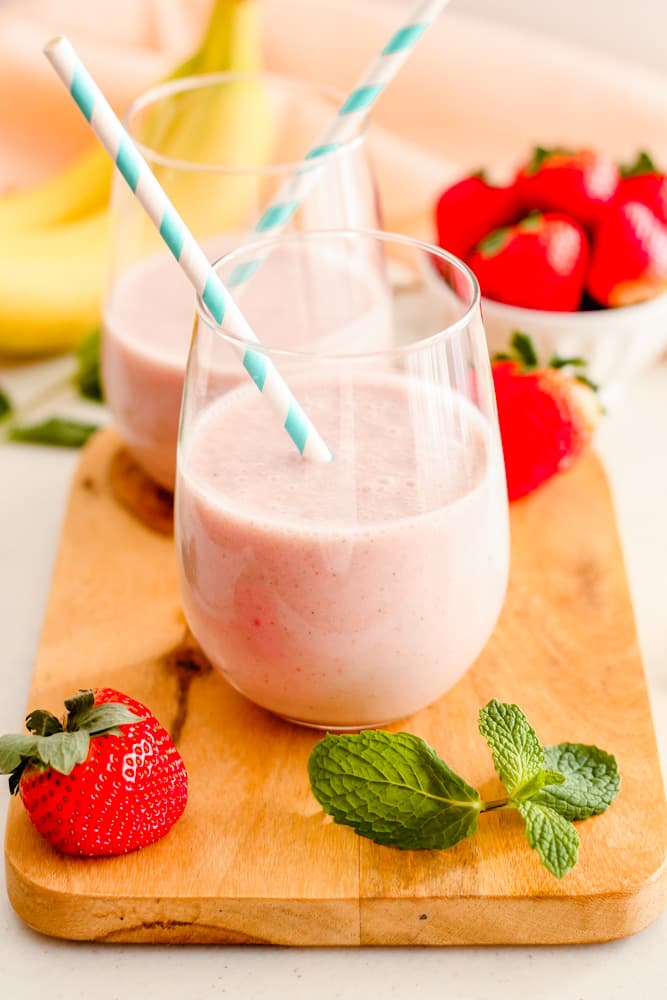 strawberry smoothie in a glass.