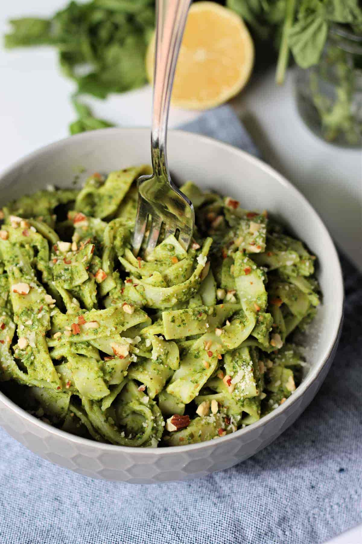 a bowl of avocado pasta.