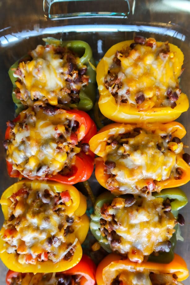 stuffed peppers in a pan.