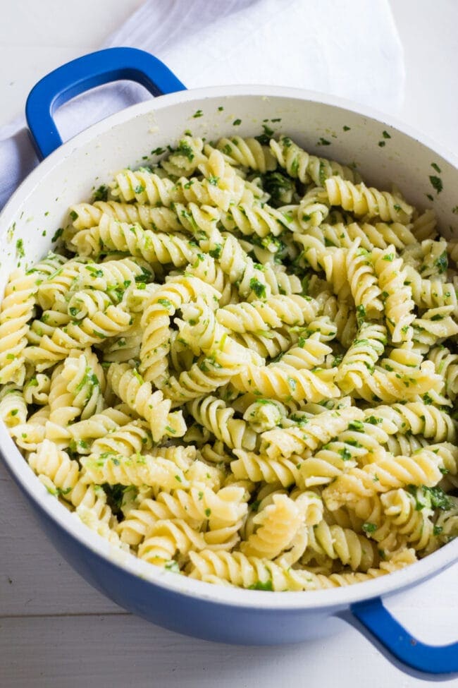 parmesan parsley pasta in a dish.