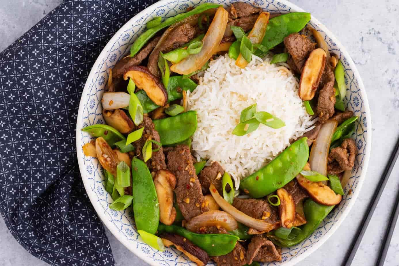 beef stir fry in a bowl.