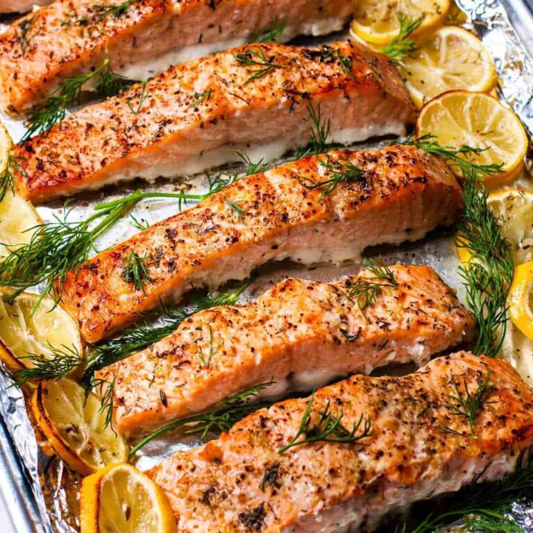 Lemon dill salmon on a sheet pan.