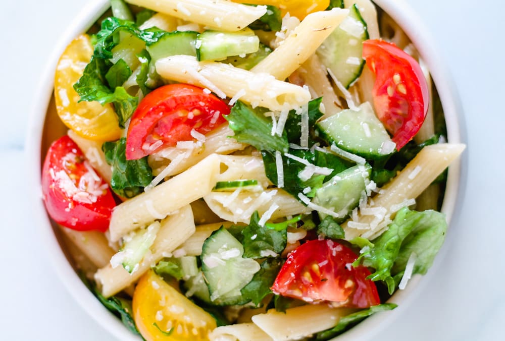 pasta salad without mayo in a bowl.
