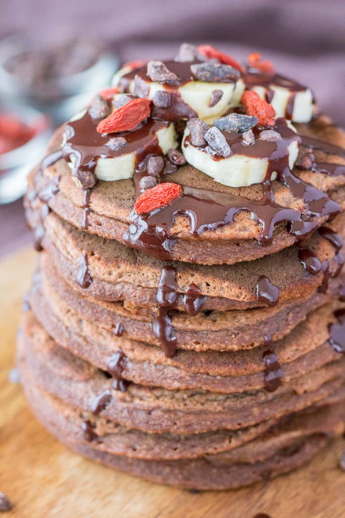 chocolate banana pancakes on a plate.