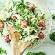 greek zoodle salad in a bowl.