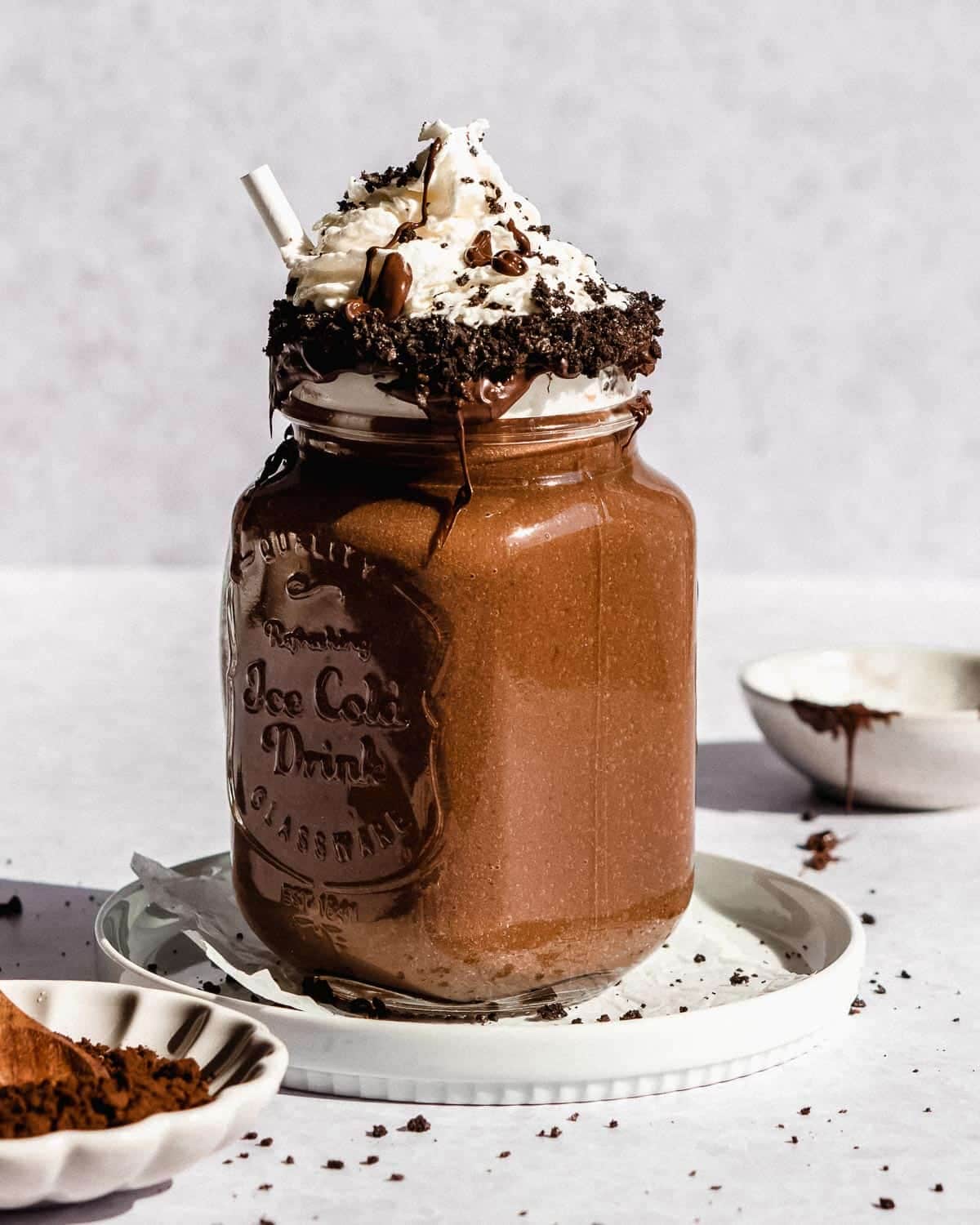 healthy chocolate milkshake without ice cream in a glass.