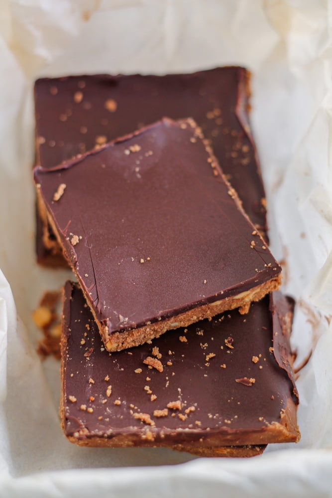 homemade chocolate protein bars in a container.