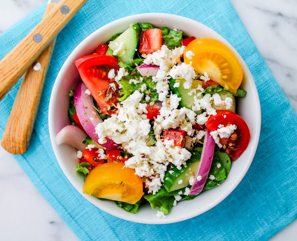 Greek cucumber salad in a bowl.