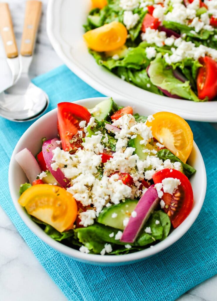 Greek cucumber salad in a bowl.