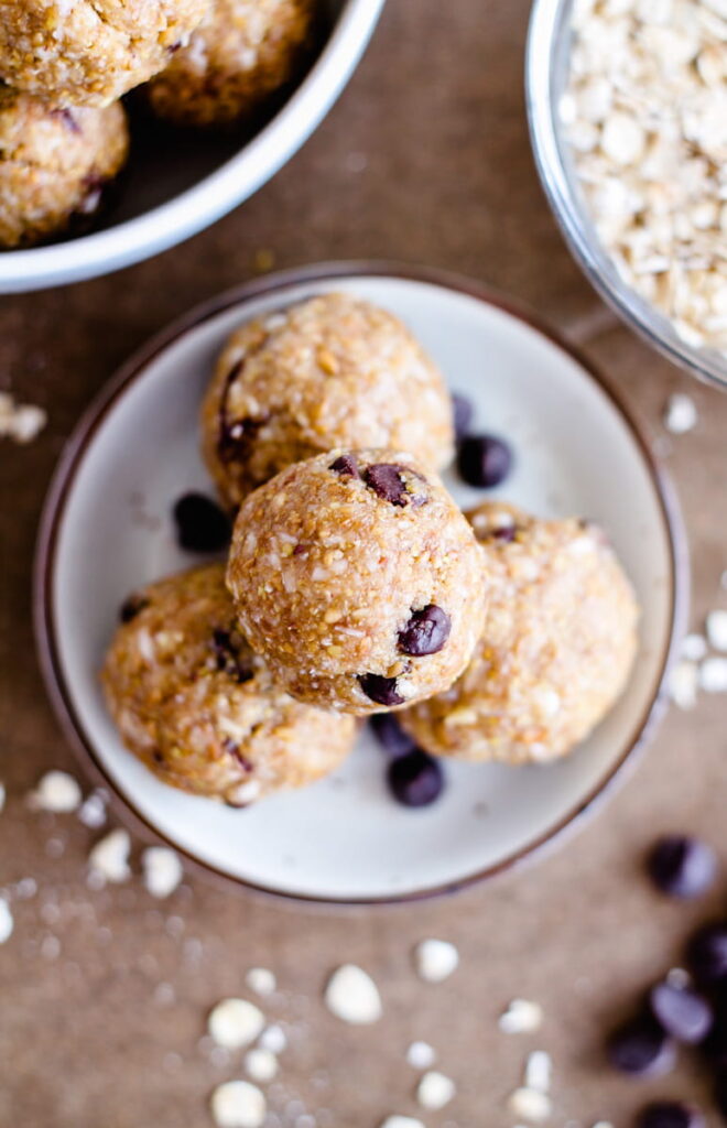 peanut butter oat balls on a plate.