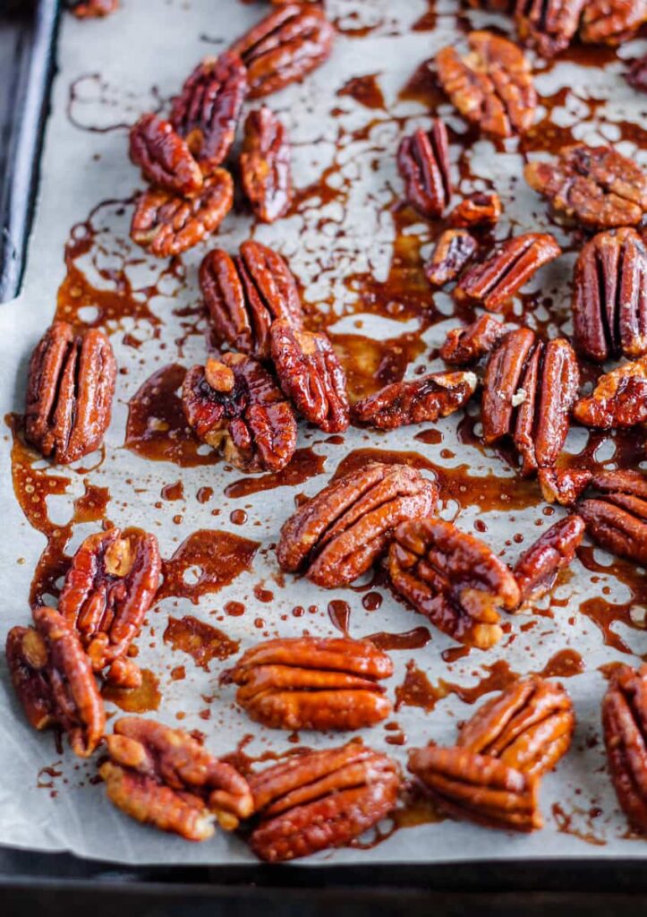 a tray of spicy candied pecans.