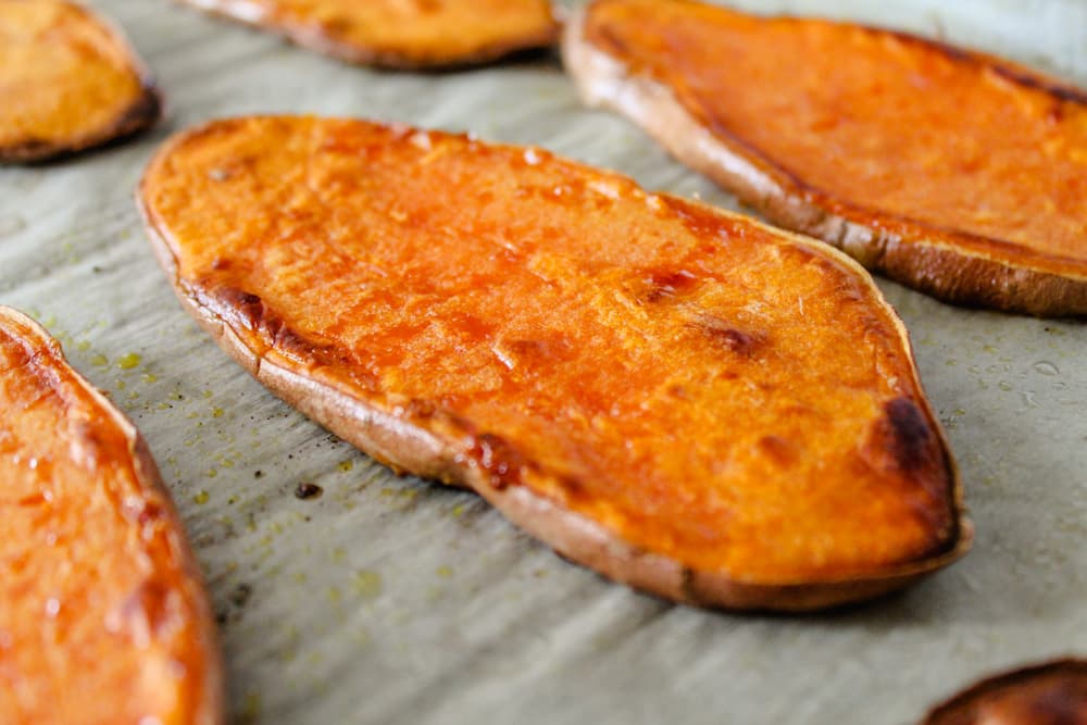 roasted sweet potato on a baking sheet.