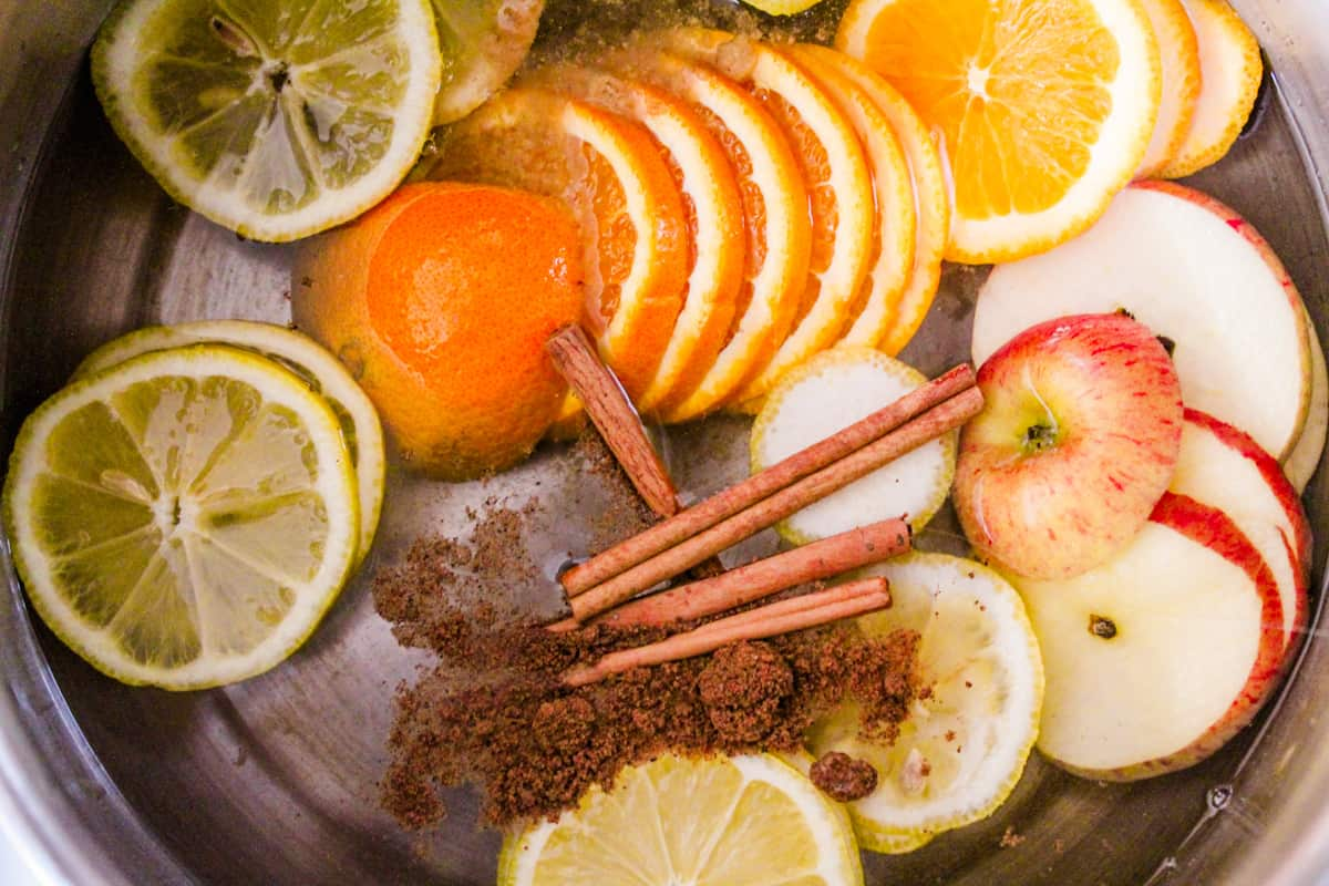 a simmer pot for fall with sliced fruit and spices in a large pot of water.