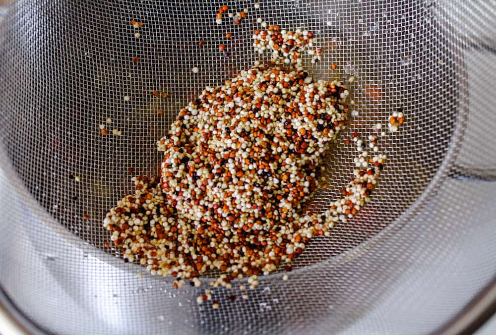 a mesh strainer with quinoa.