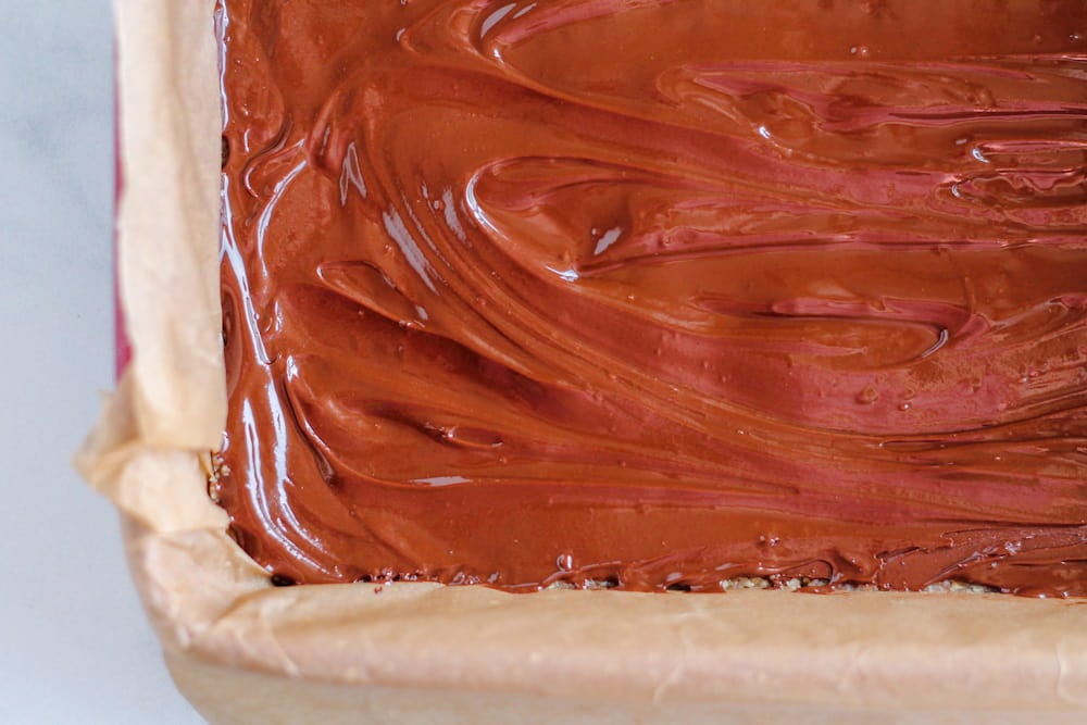 chocolate topping spread on top of the pecan base.