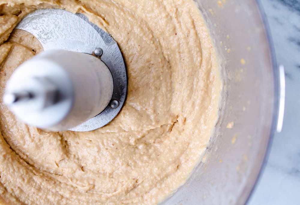 a food processor with gluten free blondie batter.